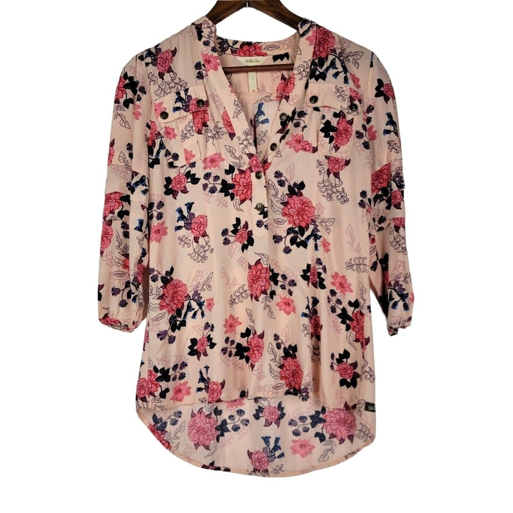 Matilda Jane Small Pink Floral Hi-Low V-Neck Blouse Ruffle Accent Lightwe…